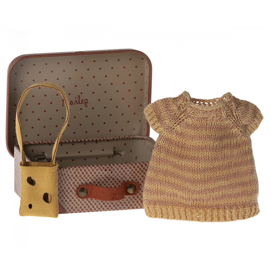 Big Sister Mouse Clothes - Knitted Dress and Bag in Suitcase-Dollhouse Mice Accessories-Maileg-Yes Bebe