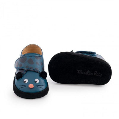Blue Panther Leather Slippers - Dans La Jungle-Baby Shoes-Moulin Roty-Yes Bebe