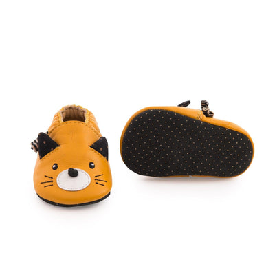 Yellow Cat Leather Slippers - Les Moustaches-Baby Shoes-Moulin Roty-Yes Bebe