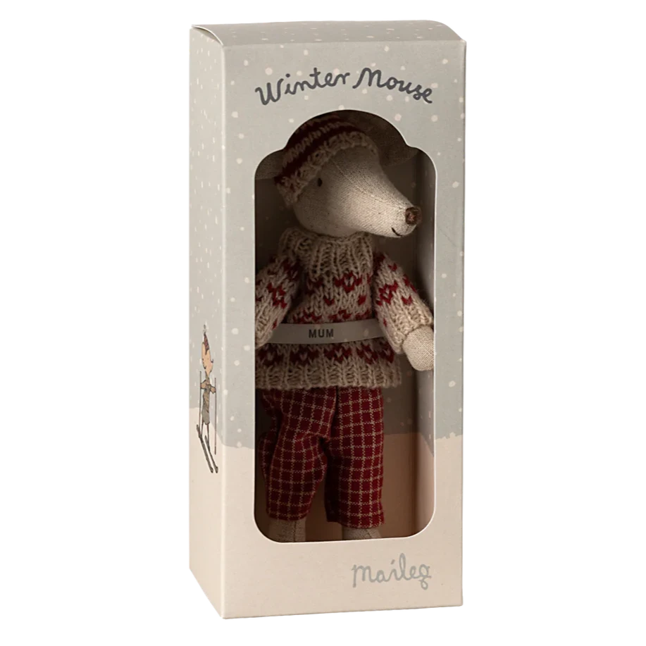 Mum Winter Mouse with Ski Set-Dollhouse Mice-Maileg-Yes Bebe