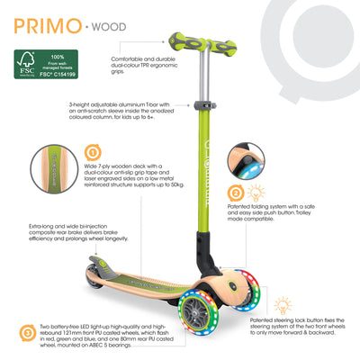 Primo Foldable Wood Lights Scooter with 3 Wheels