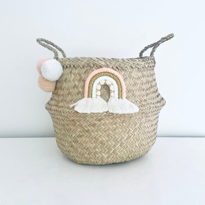 Macrame Rainbow Pom Pom Basket - Large