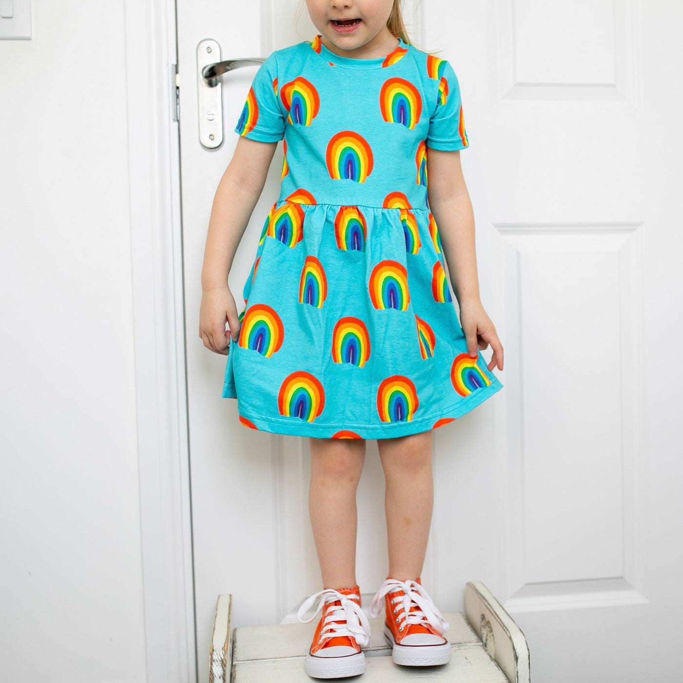 Aqua Rainbow Print Dress-Dresses-Fred & Noah-Yes Bebe