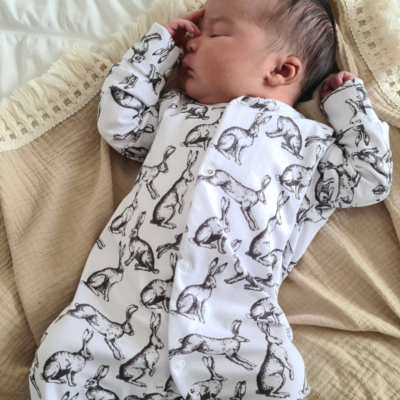 Hare Print Cotton Sleepsuit-Sleepsuit-Fred & Noah-Yes Bebe