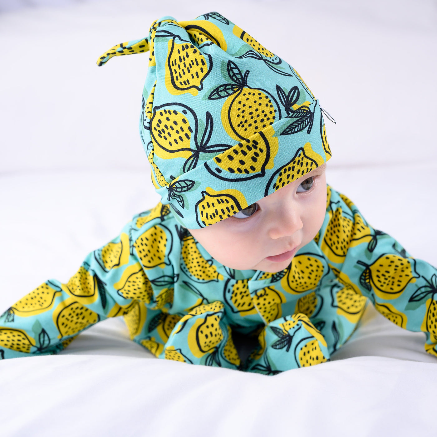 Lemon Print Cotton Sleepsuit-Sleepsuit-Fred & Noah-NEWBORN matching hat (hat only)-Yes Bebe