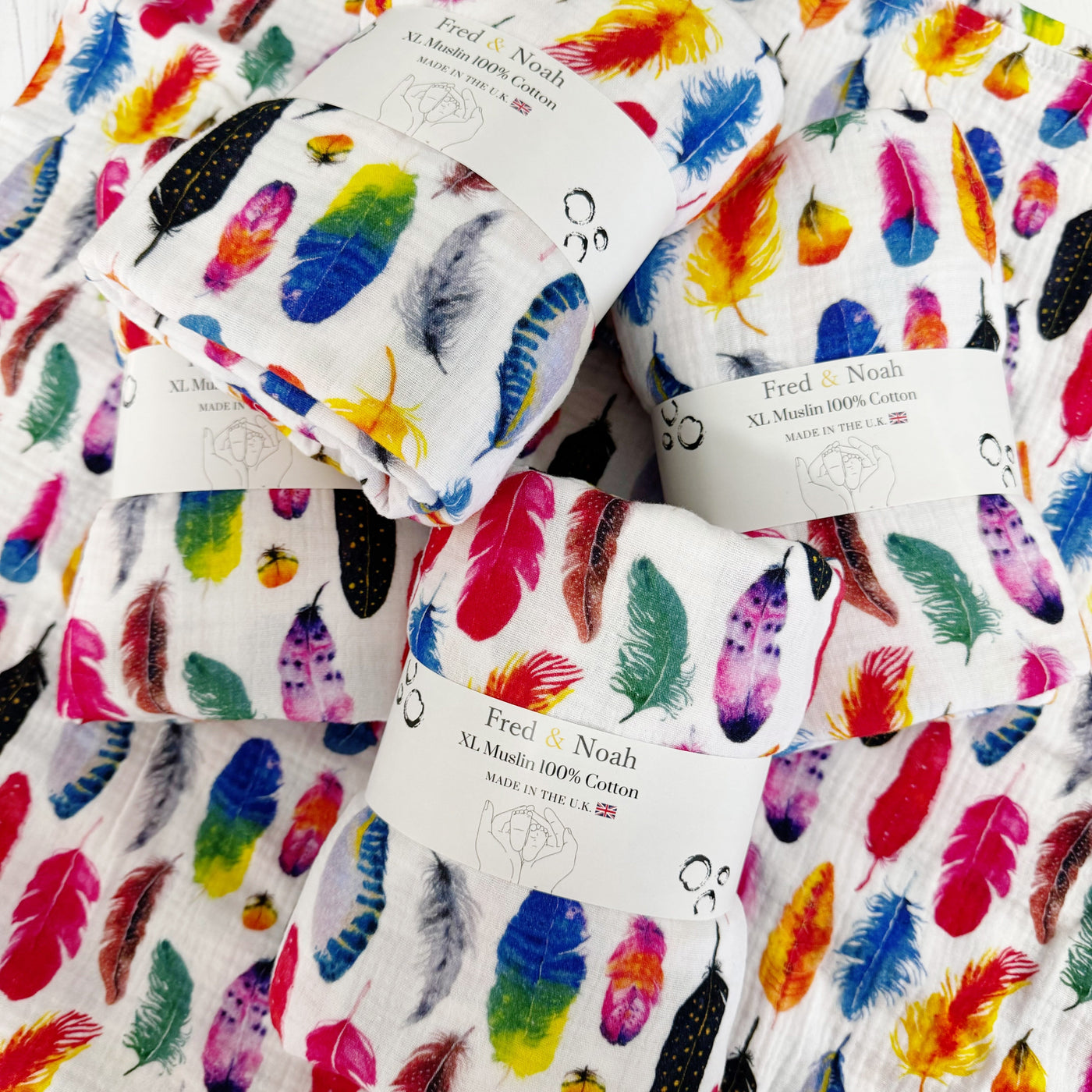 Rainbow Feather Print Muslin Swaddle-Bedding-Fred & Noah-Yes Bebe