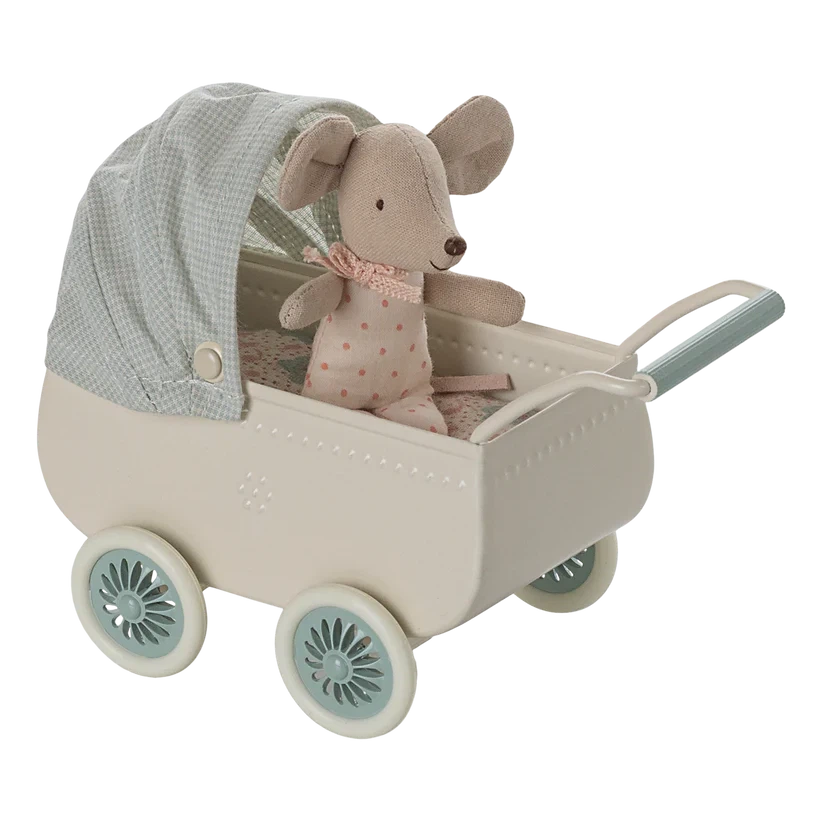 Baby Mouse with Pram-Dollhouse Mice-Maileg-Mint-Yes Bebe