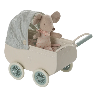 Baby Mouse with Pram-Dollhouse Mice-Maileg-Mint-Yes Bebe