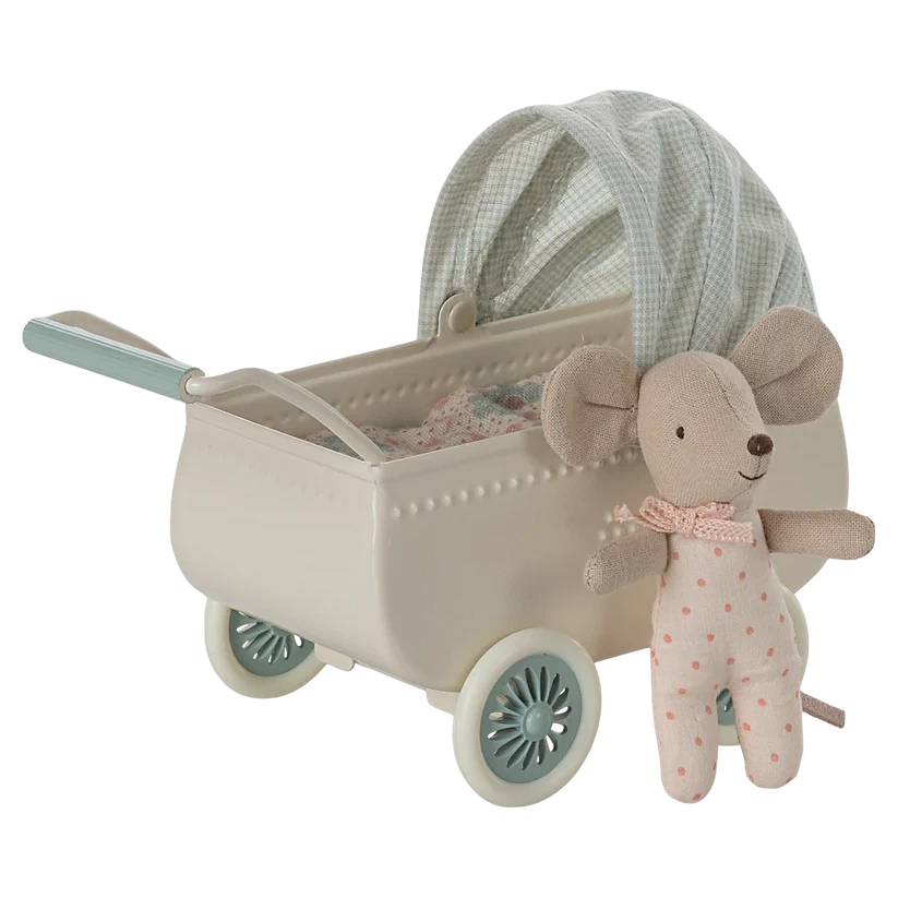 Baby Mouse with Pram-Dollhouse Mice-Maileg-Mint-Yes Bebe