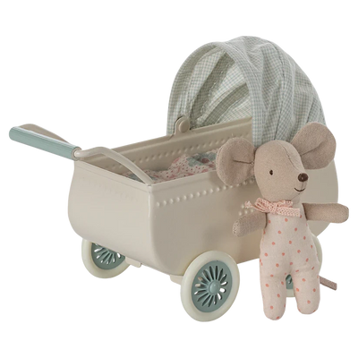 Baby Mouse with Pram-Dollhouse Mice-Maileg-Mint-Yes Bebe