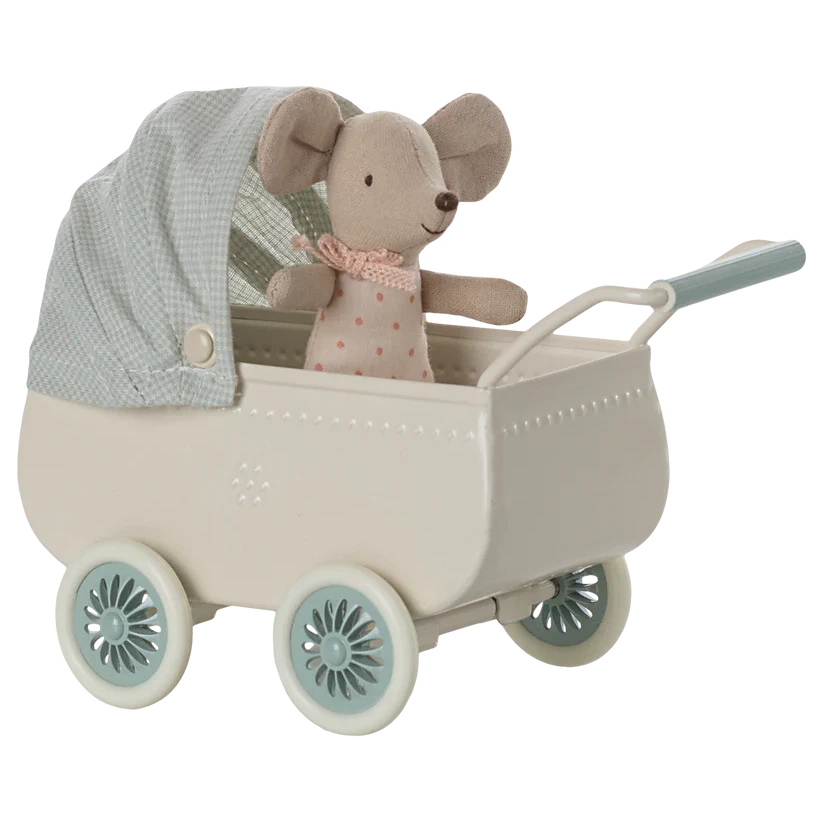 Baby Mouse with Pram-Dollhouse Mice-Maileg-Mint-Yes Bebe