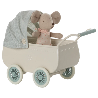 Baby Mouse with Pram-Dollhouse Mice-Maileg-Mint-Yes Bebe