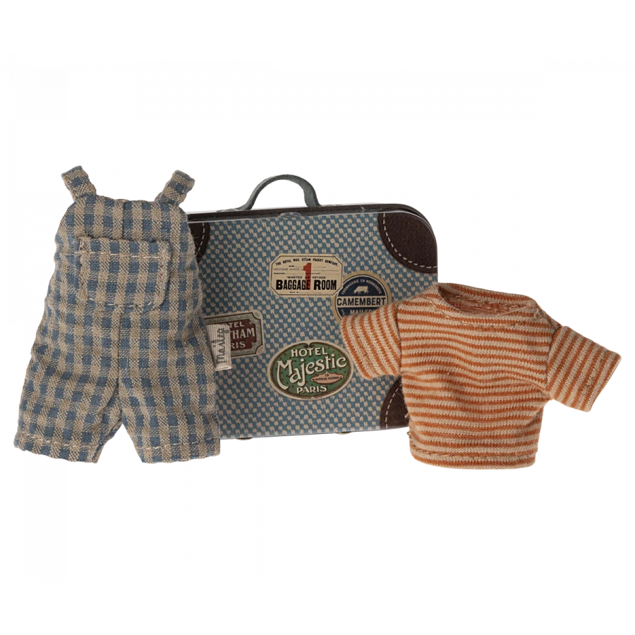 Big Brother Mouse Clothes - Overalls and Shirt in Suitcase-Dollhouse Mice Accessories-Maileg-Yes Bebe