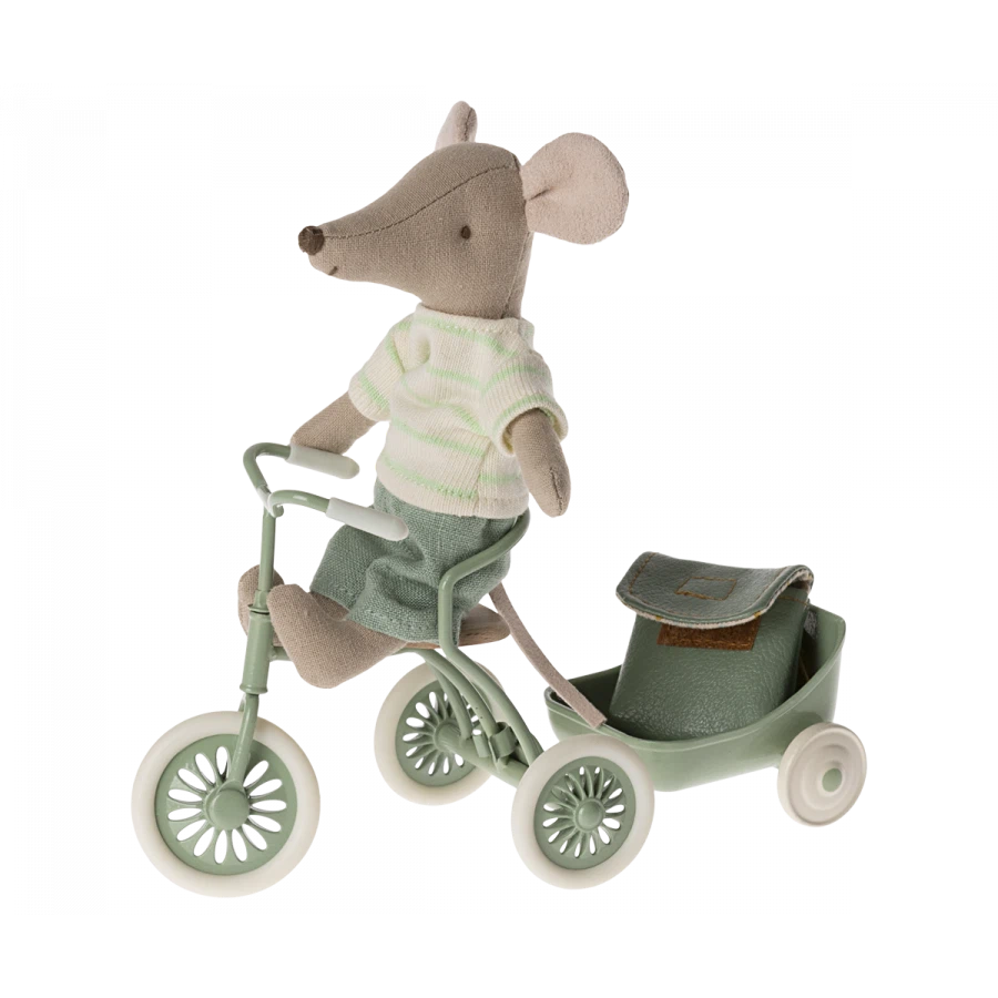Big Brother Tricycle Mouse with Green Bag-Dollhouse Mice-Maileg-Yes Bebe