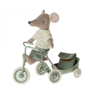 Big Brother Tricycle Mouse with Green Bag-Dollhouse Mice-Maileg-Yes Bebe