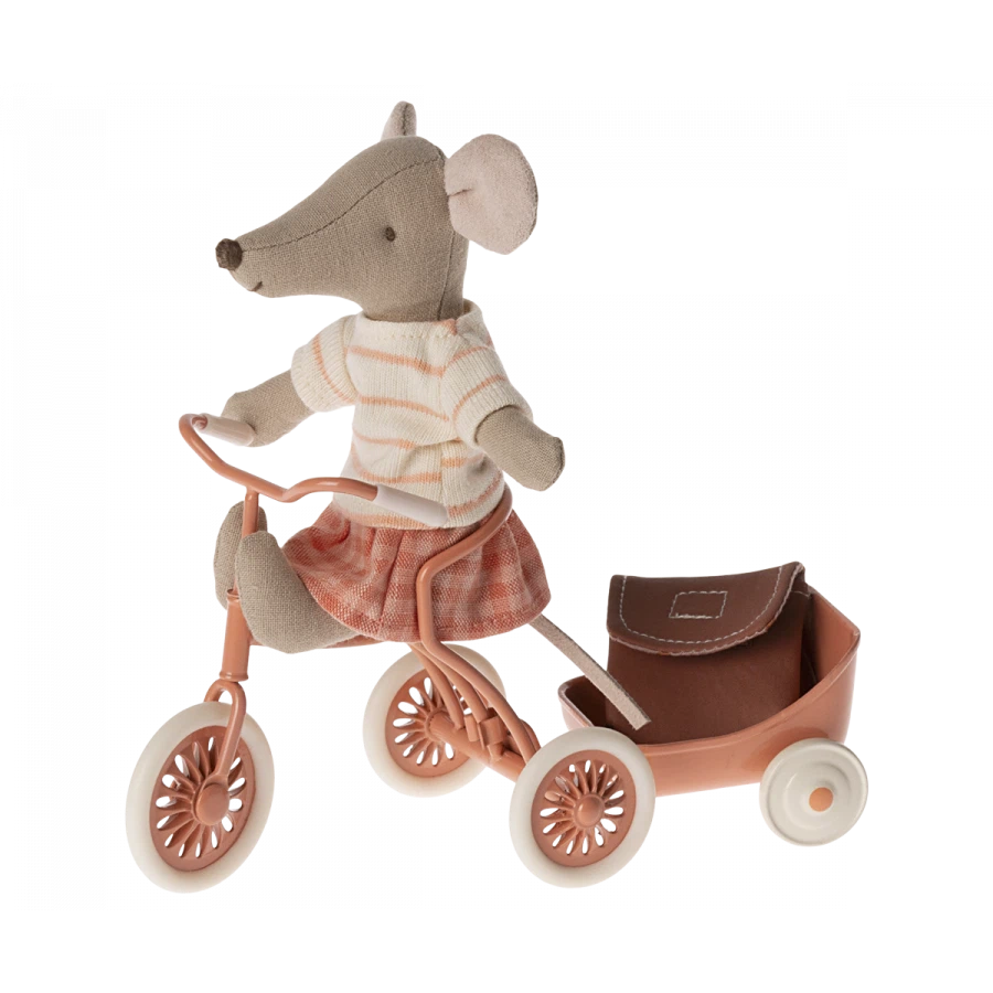 Big Sister Tricycle Mouse with Coral Bag-Dollhouse Mice-Maileg-Yes Bebe
