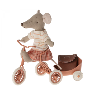 Big Sister Tricycle Mouse with Coral Bag-Dollhouse Mice-Maileg-Yes Bebe