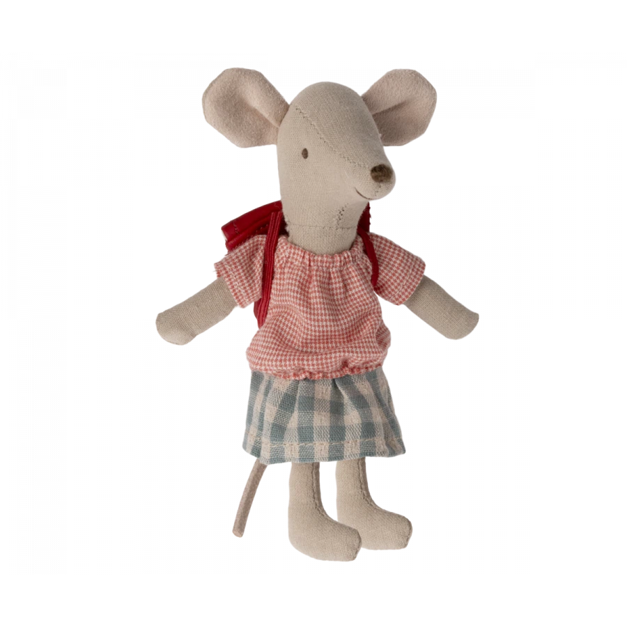 Big Sister Tricycle Mouse with Red Bag-Dollhouse Mice-Maileg-Yes Bebe