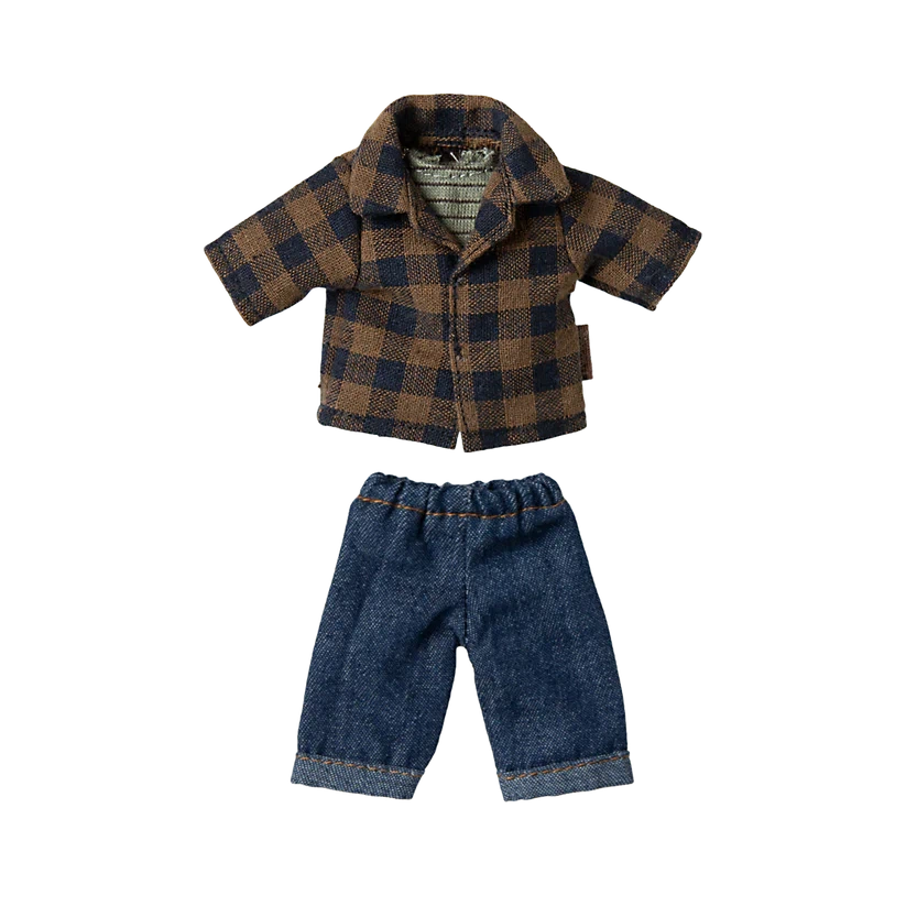 Dad Mouse Clothes-Dollhouse Mice Accessories-Maileg-Brown Checked Shirt & Pants-Yes Bebe