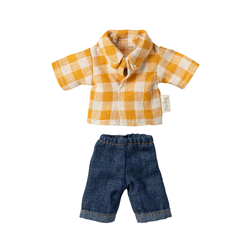 Dad Mouse Clothes-Dollhouse Mice Accessories-Maileg-Yellow Checked Shirt & Pants-Yes Bebe