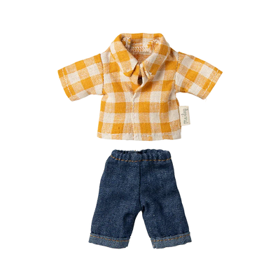 Dad Mouse Clothes-Dollhouse Mice Accessories-Maileg-Yellow Checked Shirt & Pants-Yes Bebe