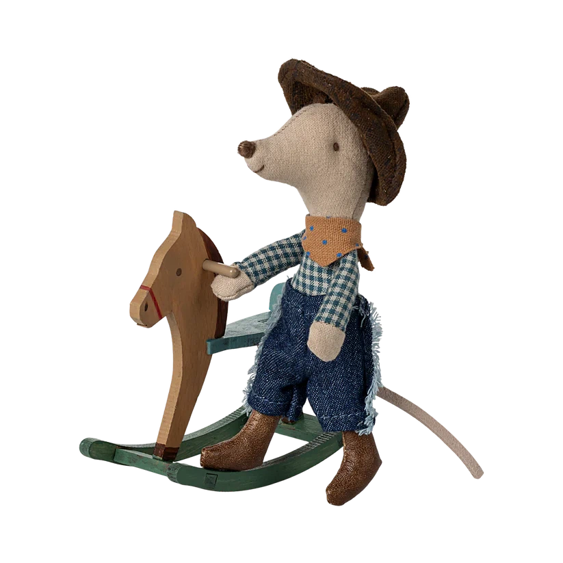 Little Brother Cowboy Mouse with Rocking Horse-Dollhouse Mice-Maileg-Yes Bebe