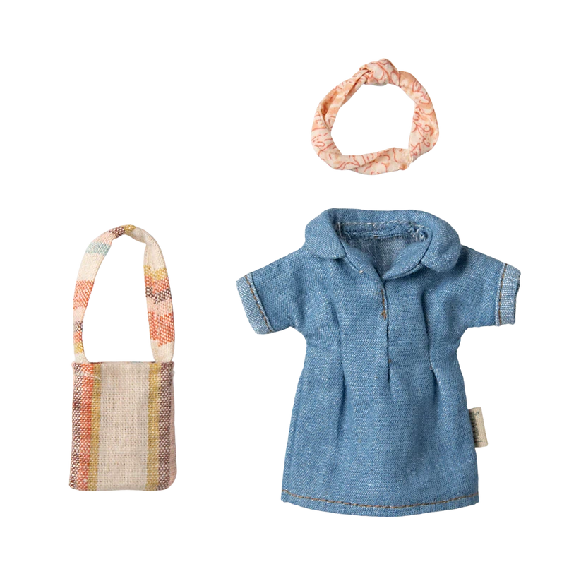 Mum Mouse Clothes-Dollhouse Mice Accessories-Maileg-Denim Dress & Bag-Yes Bebe