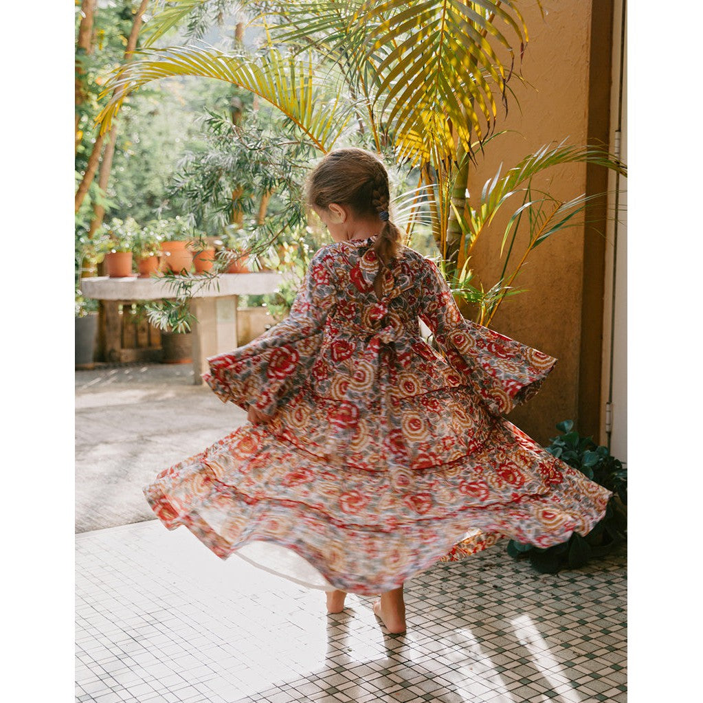 Block Printed Girl's Dress - Lucky Red Floral-Dress-Malabar Baby-Yes Bebe