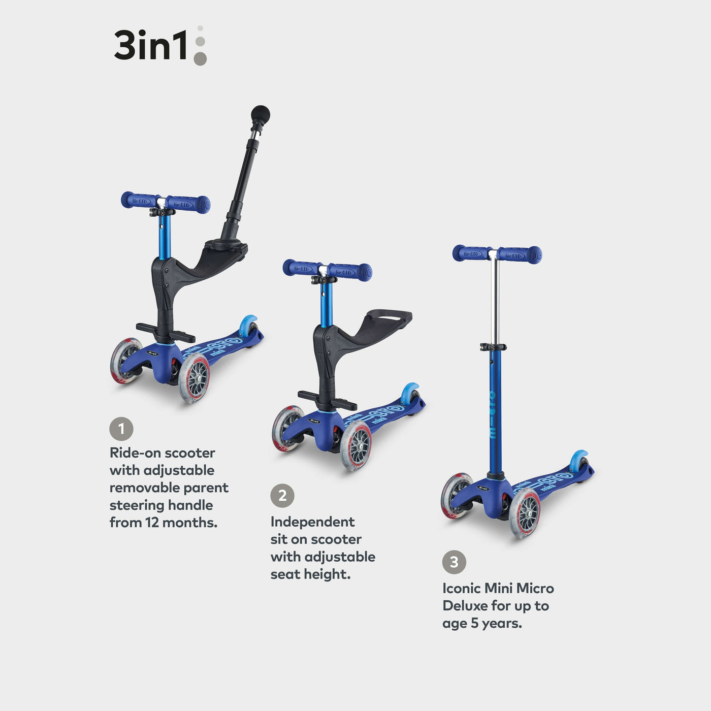 3in1 Trike Deluxe Push Along Scooter-Scooters-Micro Scooter-Blue-Yes Bebe