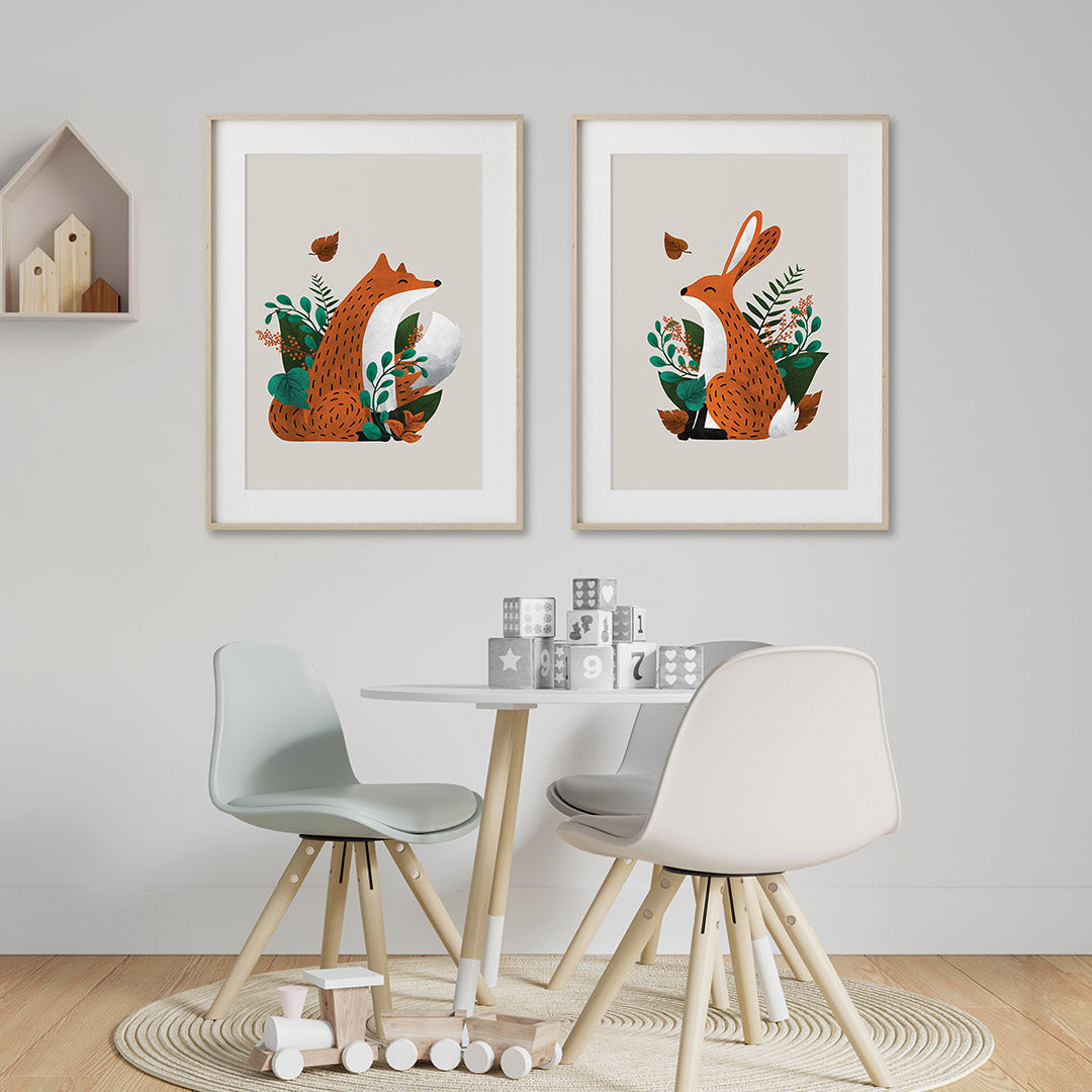 Neutral Fox & Hare Scandi Woodland Animals Nursery Prints Set of 2-Wall Prints-Tigercub Prints-Yes Bebe