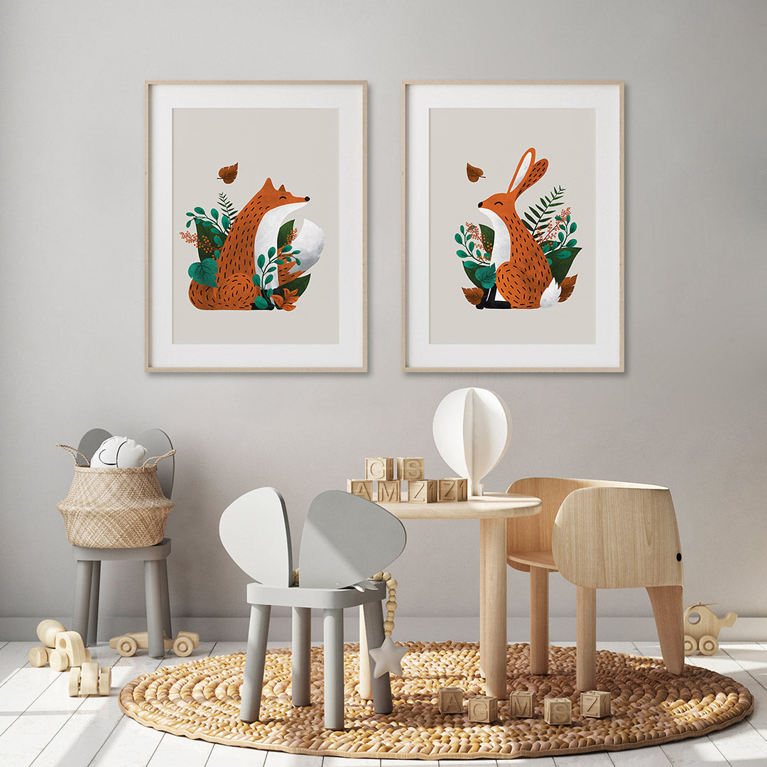 Neutral Fox & Hare Scandi Woodland Animals Nursery Prints Set of 2-Wall Prints-Tigercub Prints-Yes Bebe