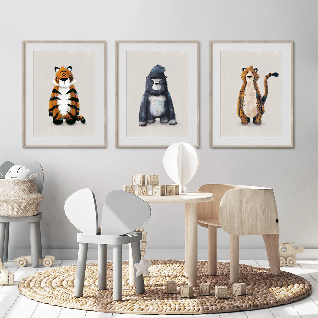 Neutral Jungle Safari Animal Nursery Prints Set of 3-Print Sets-Tigercub Prints-Yes Bebe