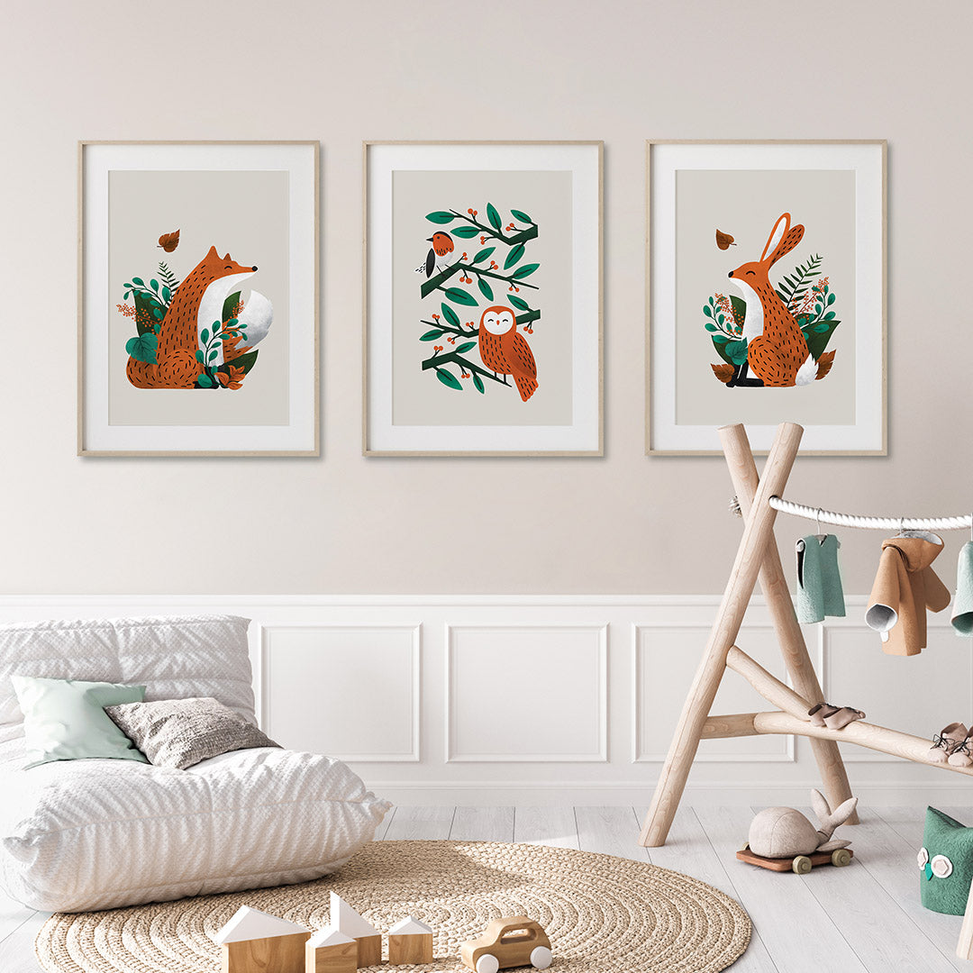 Neutral Scandi Woodland Animals Nursery Prints Set of 3-Tigercub Prints-Yes Bebe