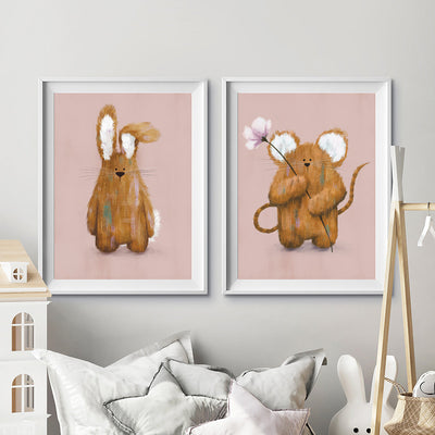 Pink Bunny & Mouse Woodland Nursery Prints Set of 2-Print Sets-Tigercub Prints-Yes Bebe