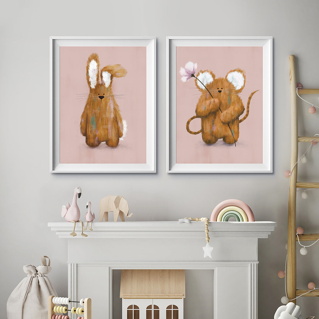 Pink Bunny & Mouse Woodland Nursery Prints Set of 2-Print Sets-Tigercub Prints-Yes Bebe