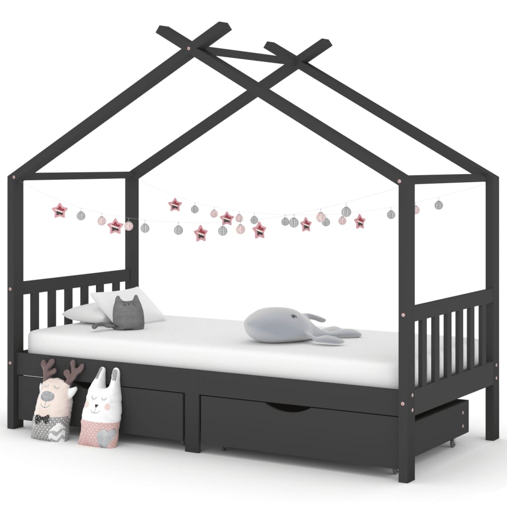 Kids Bed Frame with Drawers Solid Pine Wood-Beds & Bed Frames-vidaXL-Dark Grey-90 x 200 cm-Yes Bebe