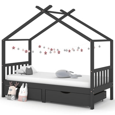 Kids Bed Frame with Drawers Solid Pine Wood-Beds & Bed Frames-vidaXL-Dark Grey-90 x 200 cm-Yes Bebe