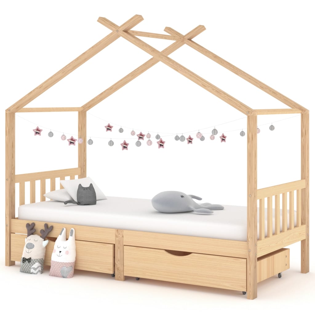 Kids Bed Frame with Drawers Solid Pine Wood-Beds & Bed Frames-vidaXL-Natural-90 x 200 cm-Yes Bebe