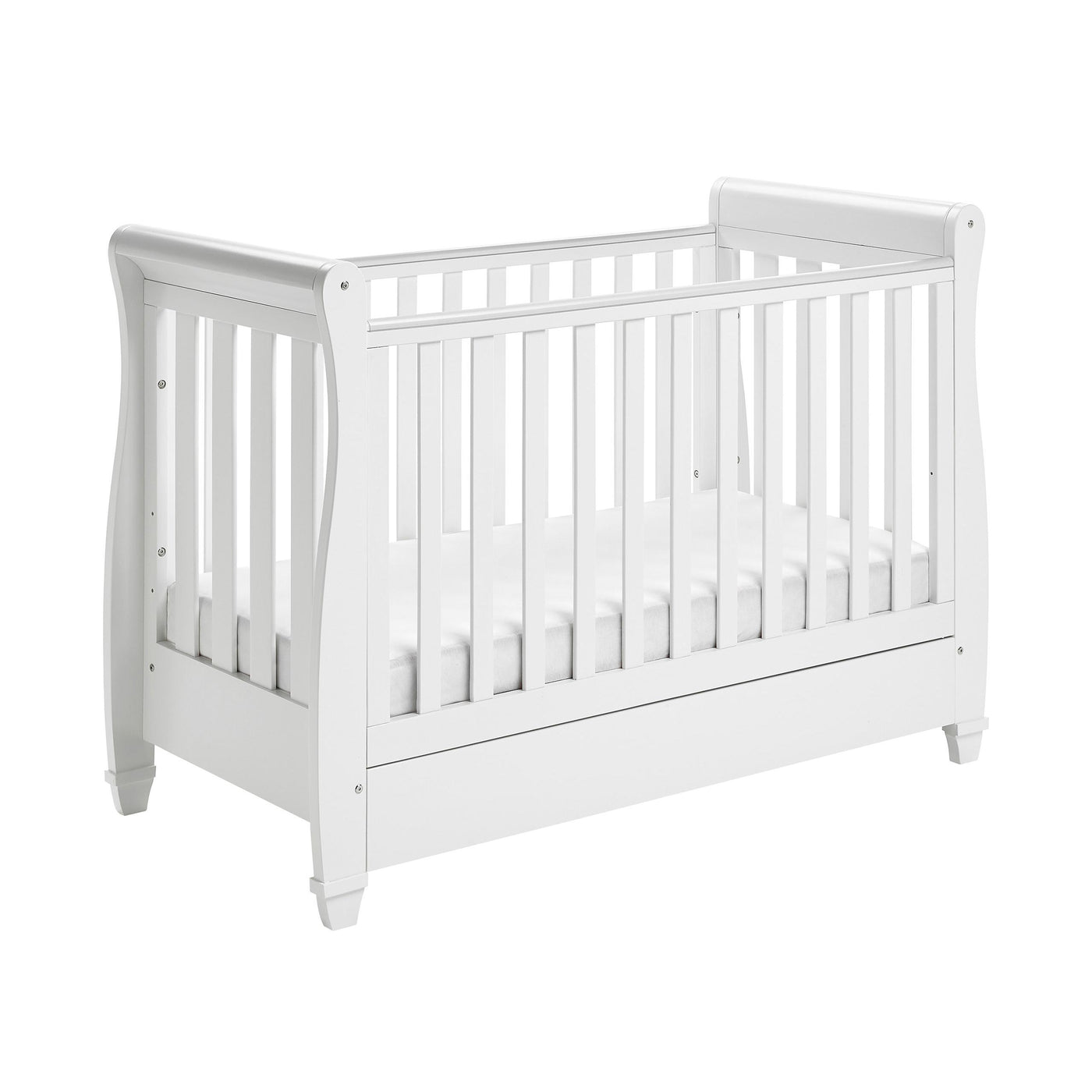 Eva Sleigh Cot Bed Dropside with Drawer - White