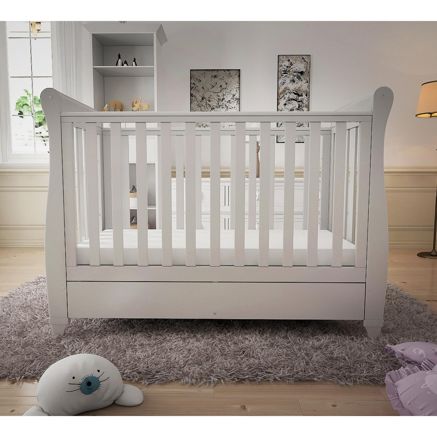 Babymore Sleigh Mini Cot Bed with Dropside and Drawer in White