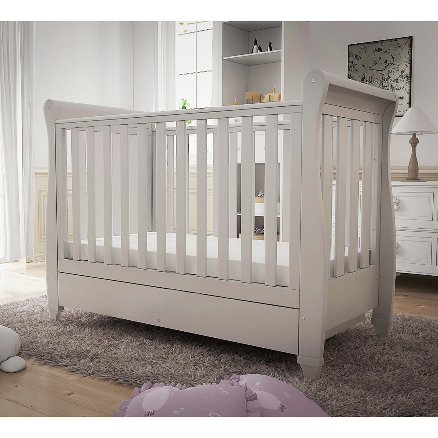 Babymore Sleigh Mini Cot Bed with Dropside and Drawer in White