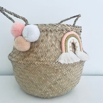 Macrame Rainbow Pom Pom Basket - Large