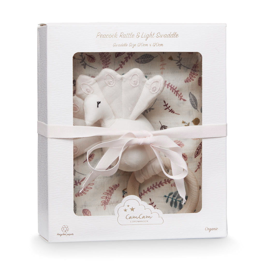 Gift Box with Printed Organic Cotton Swaddle and Peacock Rattle - Pressed Leaves Rose