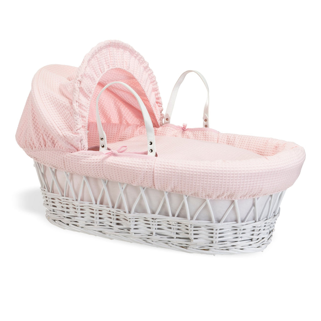 Yes Bebe Waffle White Wicker Moses Basket in Pink White Deluxe