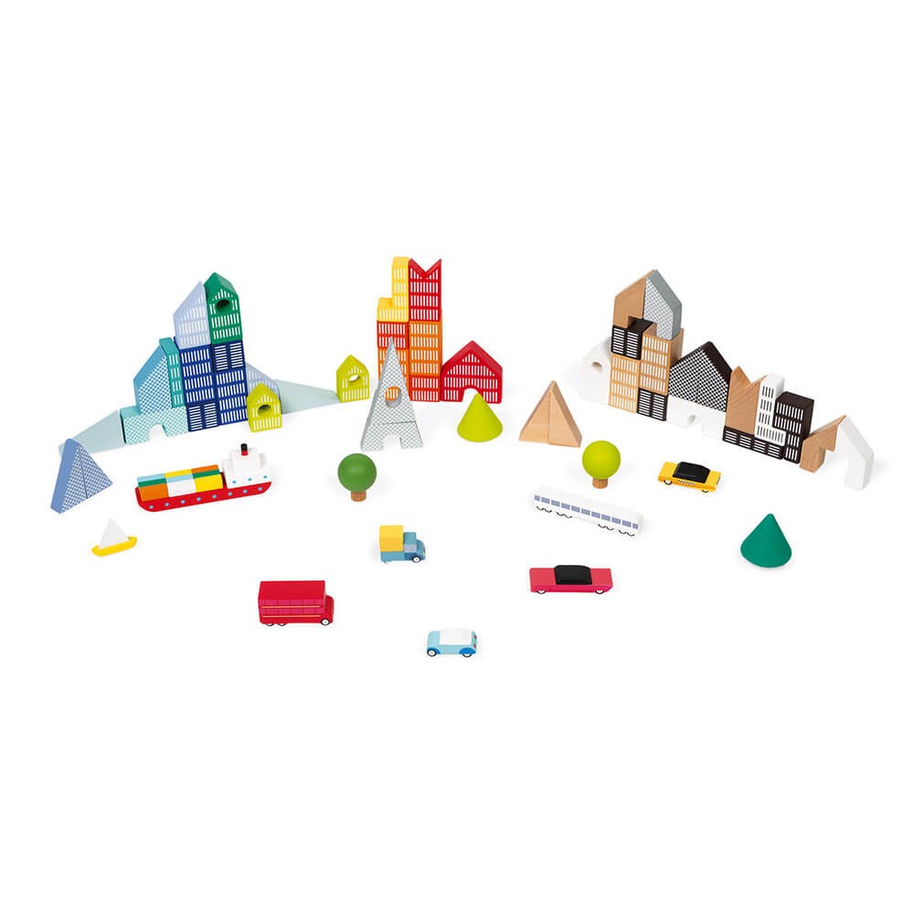 Kubix 60 Wooden Block Building and Vehicle Set & City Puzzle by Janod