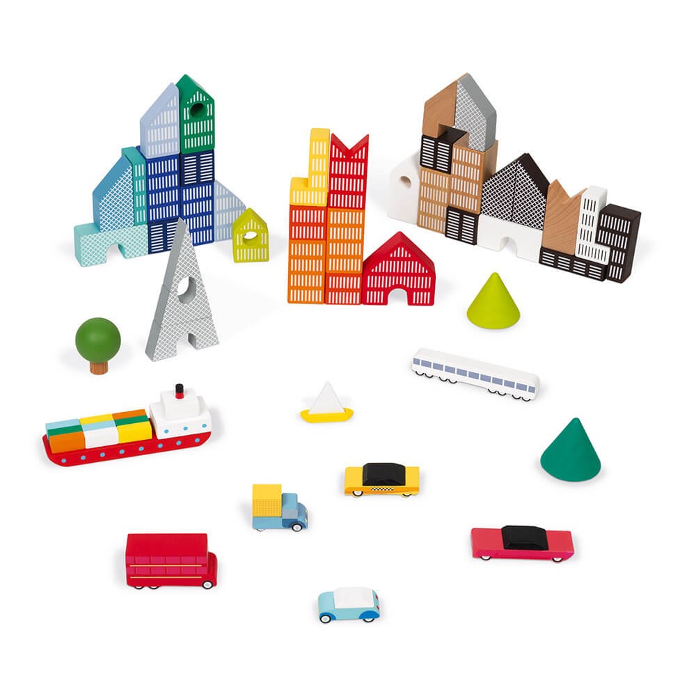 Kubix 60 Wooden Block Building and Vehicle Set & City Puzzle by Janod