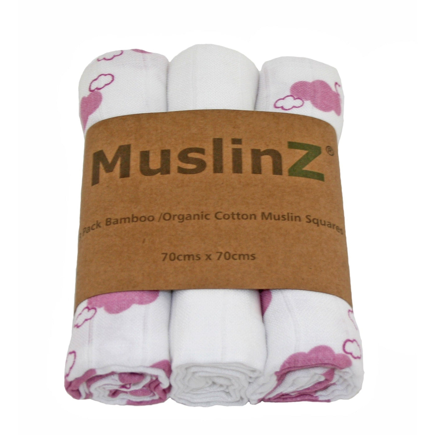 MuslinZ 3 Pack Bamboo-Organic Cotton Muslin Squares 70 x 70 cm - Cloud Print - Pink Cloud