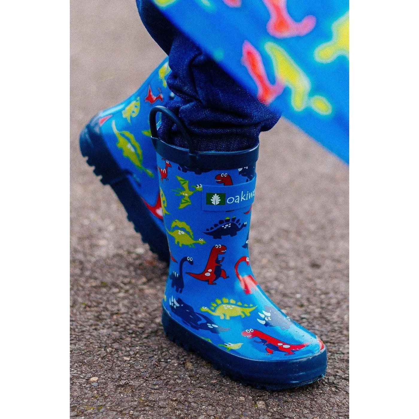 OAKI - Blue Dinosaurs Loop Handle Rubber Rain Boots