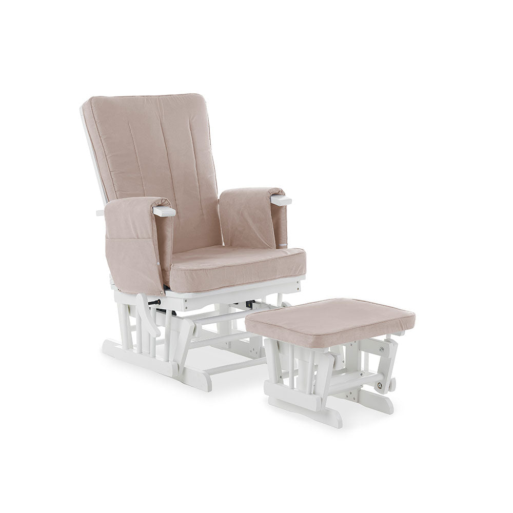 Deluxe Reclining Glider Chair And Stool White With Sand Cushions
