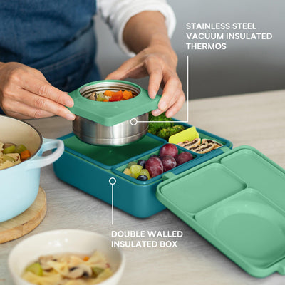 OmieBox - Green Meadow - Bento Box for Kids Insulated Bento Lunch Box with Leak Proof Thermos Food Jar